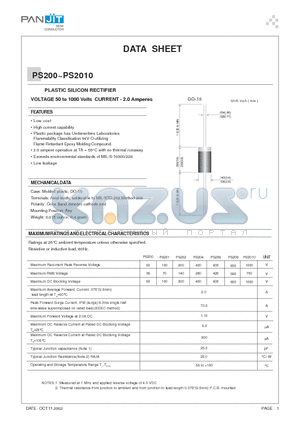 PS200 datasheet - PLASTIC SILICON RECTIFIER(VOLTAGE 50 to 1000 Volts CURRENT - 2.0 Amperes)