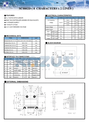 SC0802D datasheet - 8 CHARACTERS x 2 LINES LCD MODULES