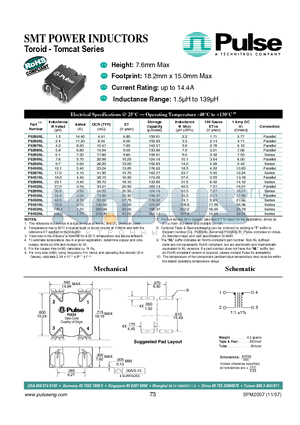 P0399NL datasheet - SMT POWER INDUCTORS, Height: 7.6mm Max, Footprint: 18.2mm x 15.0mm Max, Current Rating: up to 14.4A