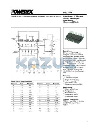 PS21564 datasheet - Intellimod Module Dual-In-Line Intelligent Power Module (15 Amperes/600 Volts)