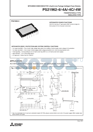 PS21962-4W datasheet - 600V/5A low-loss 5th generation IGBT inverter bridge for three phase DC-to-AC power conversion