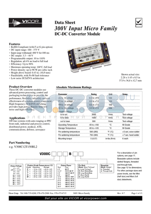 V300C12C75BN2 datasheet - 300V Input Micro Family DC-DC Converter Module