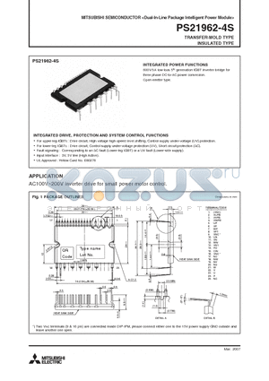 PS21962-4S datasheet - 600V/5A low-loss 5th generation IGBT inverter bridge for three phase DC-to-AC power conversion