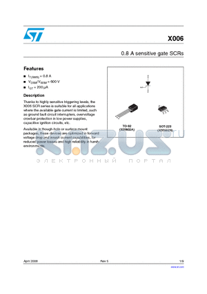 X00602MA1AA2 datasheet - 0.8 A sensitive gate SCRs