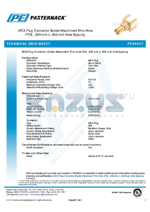 PE44307 datasheet - MCX Plug Connector Solder Attachment Thru Hole PCB, .200 inch x .055 inch Hole Spacing