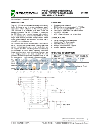 SC1155 datasheet - PROGRAMMABLE SYNCHRONOUS DC/DC HYSTERETIC CONTROLLER WITH VRM 9.0 VID RANGE