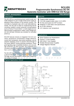 SC1155 datasheet - Programmable Synchronous DC/DC Hysteretic Controller with VRM 9.0VID Range