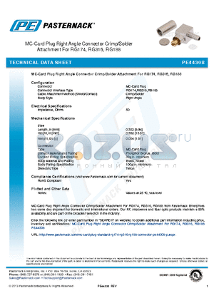 PE44308 datasheet - MC-Card Plug Right Angle Connector Crimp/Solder Attachment For RG174, RG316, RG188