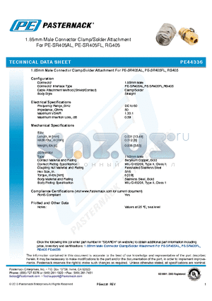 PE44336 datasheet - 1.85mm Male Connector Clamp/Solder Attachment For PE-SR405AL, PE-SR405FL, RG405