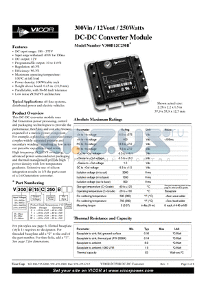 V300C12M250B datasheet - 300Vin / 12Vout / 250Watts DC-DC Converter Module