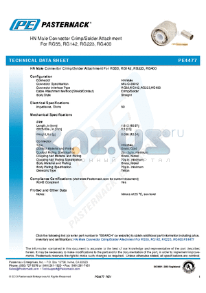 PE4477 datasheet - HN Male Connector Crimp/Solder Attachment For RG55, RG142, RG223, RG400