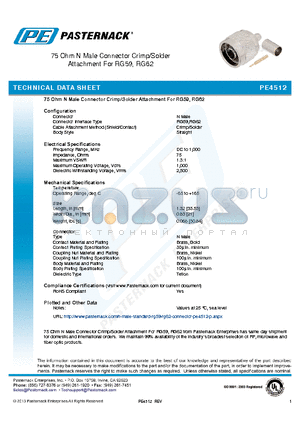 PE4512 datasheet - 75 Ohm N Male Connector Crimp/Solder Attachment For RG59, RG62