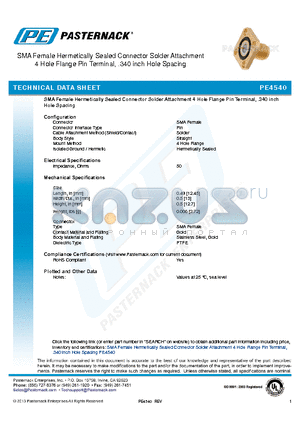 PE4540 datasheet - SMA Female Hermetically Sealed Connector Solder Attachment 4 Hole Flange Pin Terminal, .340 inch Hole Spacing