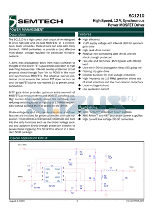 SC1210 datasheet - High Speed, 12 V, Synchronous  Power MOSFET Driver