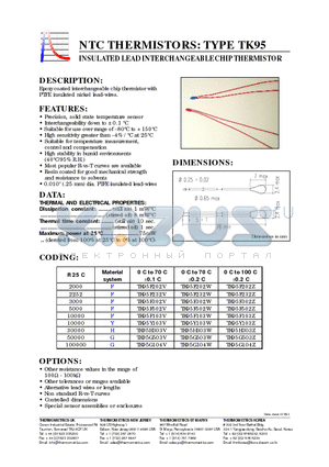 TK95Y103Z datasheet - INSULATED LEAD INTERCHANGEABLE CHIP THERMISTOR