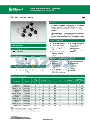 P0640ECMCLXXX datasheet - MC Series TO-92 are low capacitance SIDACtor^ devices designed to protect