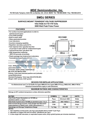 SMDJ datasheet - SURFACE MOUNT TRANSIENT VOLTAGE SUPPRESSOR VOLTAGE-5.0 TO 170 Volts 3000 Watt Peak Pulse Power