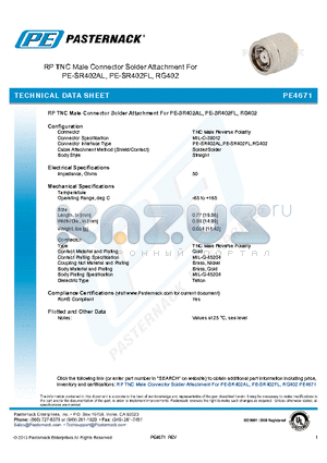 PE4671 datasheet - RP TNC Male Connector Solder Attachment For PE-SR402AL, PE-SR402FL, RG402