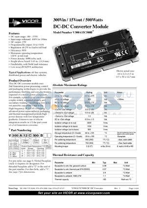 V300C15M500B datasheet - 300Vin / 15Vout / 500Watts DC-DC Converter Module