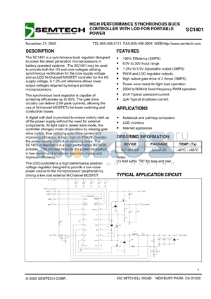 SC1401 datasheet - HIGH PERFORMANCE SYNCHRONOUS BUCK CONTROLLER WITH LDO FOR PORTABLE POWER