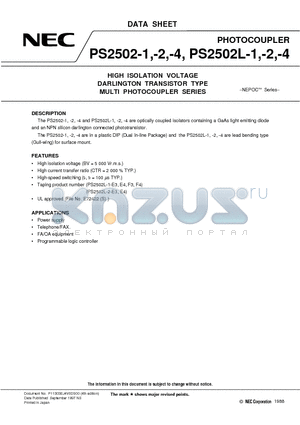 PS2502-1 datasheet - HIGH ISOLATION VOLTAGE DARLINGTON TRANSISTOR TYPE MULTI PHOTOCOUPLER SERIES