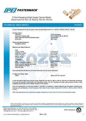 PE4821 datasheet - D-Sub Receptacle Right Angle Contact Solder Attachment For RG174, RG316, RG187, RG188