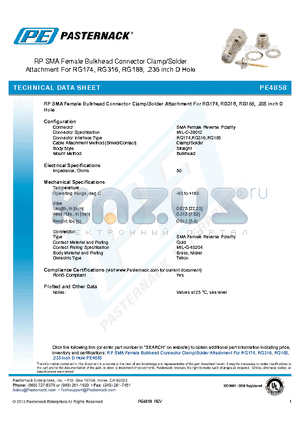 PE4858 datasheet - RP SMA Female Bulkhead Connector Clamp/Solder Attachment For RG174, RG316, RG188, .235 inch D Hole