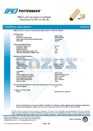 PE4902 datasheet - MMCX Jack Connector Crimp/Solder Attachment For RG178, RG196