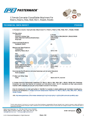 PE4960 datasheet - C Female Connector Clamp/Solder Attachment For RG213, RG214, RG8, RG9, RG11, RG225, RG393