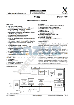 X1205V8 datasheet - Real Time Clock/Calendar