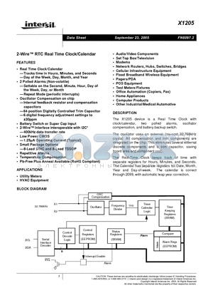 X1205V8Z datasheet - 2-Wire RTC Real Time Clock/Calendar