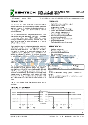 SC1452 datasheet - DUAL 150mA LDO REGULATOR WITH PROGRAMMABLE RESET