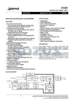 X1226V8ZT1 datasheet - Real Time Clock/Calendar with EEPROM