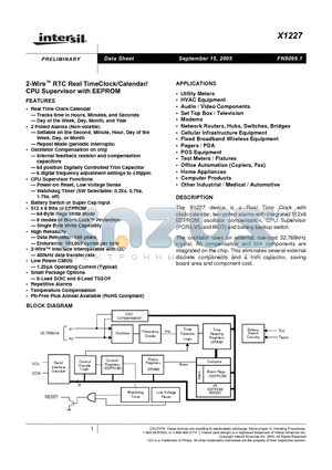 X1227S8IZ datasheet - 2-Wire RTC Real TimeClock/Calendar/CPU Supervisor with EEPROM