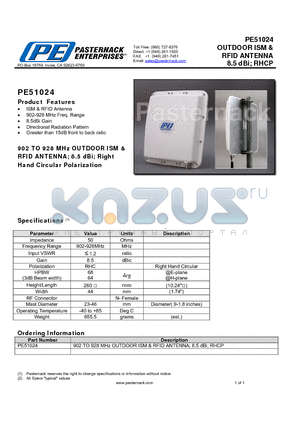 PE51024 datasheet - OUTDOOR ISM & RFID ANTENNA 8.5 dBi; RHCP