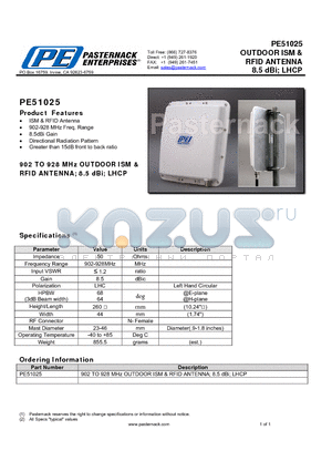PE51025 datasheet - OUTDOOR ISM & RFID ANTENNA 8.5 dBi; LHCP