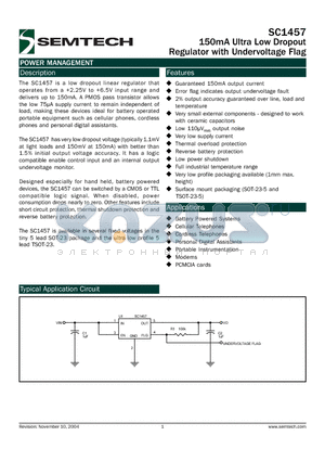 SC1457 datasheet - 150mA Ultra Low Dropout Regulator with Undervoltage Flag