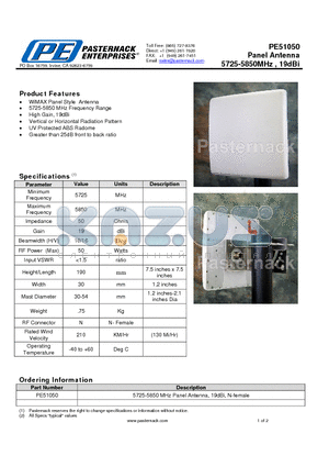 PE51050 datasheet - Panel Antenna 5725-5850MHz , 19dBi