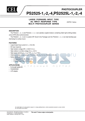 PS2525L-1-F3 datasheet - LARGE FORWARD INPUT TYPE AC INPUT RESPONSE TYPE MULTI PHOTOCOUPLER SERIES