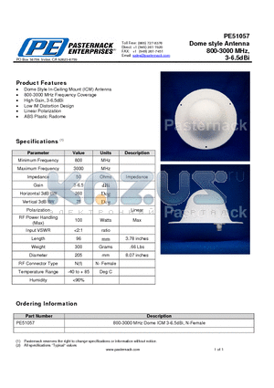 PE51057 datasheet - Dome style Antenna 800-3000 MHz, 3-6.5dBi