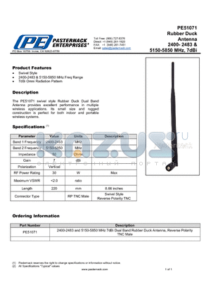 PE51071 datasheet - Rubber Duck Antenna 2400- 2483 & 5150-5850 MHz, 7dBi