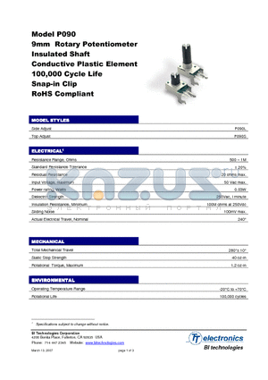P090L-02F20CR100K datasheet - 9mm Rotary Potentiometer Insulated Shaft Conductive Plastic Element 100,000 Cycle Life Snap-in Clip RoHS Compliant