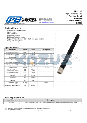 PE51117 datasheet - High Performance Vertical Omni Antenna 1700-2500 MHz, 2.0dBi