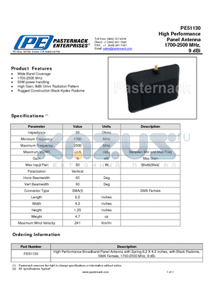PE51130 datasheet - High Performance Panel Antenna 1700-2500 MHz, 9 dBi