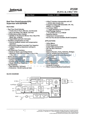 X1228V14-2.7A datasheet - Real Time Clock/Calendar/CPU Supervisor with EEPROM