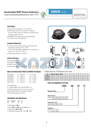 SMDR0402-331K datasheet - Unshielded SMT Power Inductors