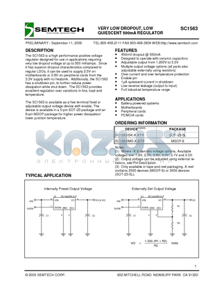 SC1563ISK-2.8 datasheet - VERY LOW DROPOUT, LOW QUIESCENT 500mA REGULATOR