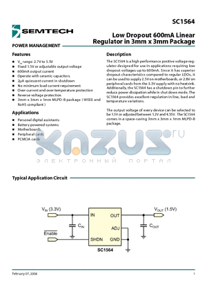 SC1564 datasheet - Low Dropout 600mA Linear Regulator in 3mm x 3mm Package