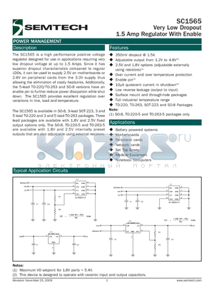 SC1565I5M-X.XTR datasheet - Very Low Dropout 1.5 Amp Regulator With Enable