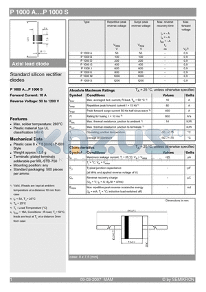 P1000M datasheet - Standard silicon rectifier diodes